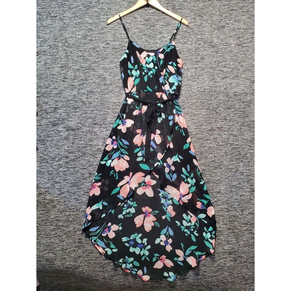 Candies High Low Dress Women Small Black Pink‎ Floral Belted Spaghetti Strap